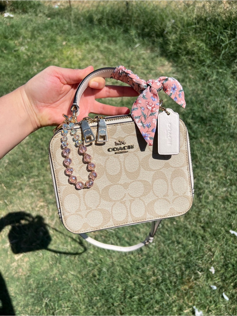 Coach Beige Signature Mini Satchel with Pink Floral Scarf